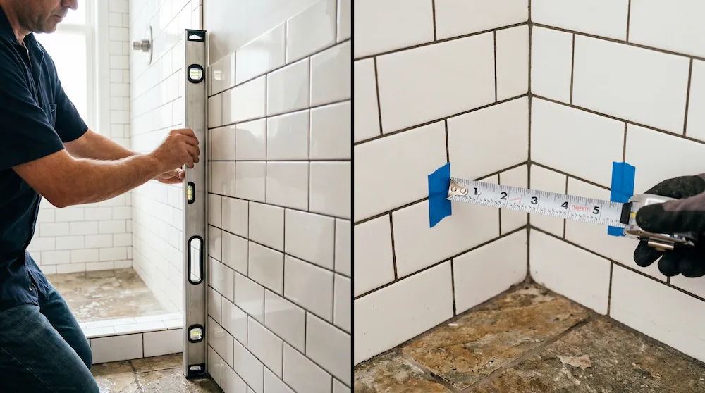 Diagram showing how to use a level to check plumb on shower walls and how to apply the 3-4-5 method to verify square corners.