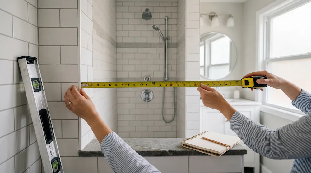 Using tape measure tool to measure shower opening